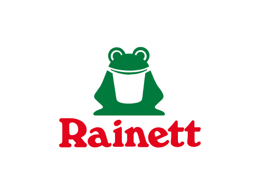 Logo de la marque Rainett représentant une grenouille verte avec le nom écrit en rouge	