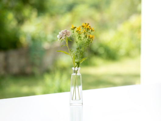 A Rainett Oase glass bottle stands on a table and is filled with water and flowers