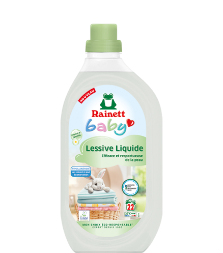 Flacon de lessive bébé, hypoallergénique et écologique.